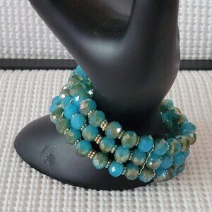 Turquoise Aurora Borealis Stretch Three Strand Faceted Bead Chunky Bracelet